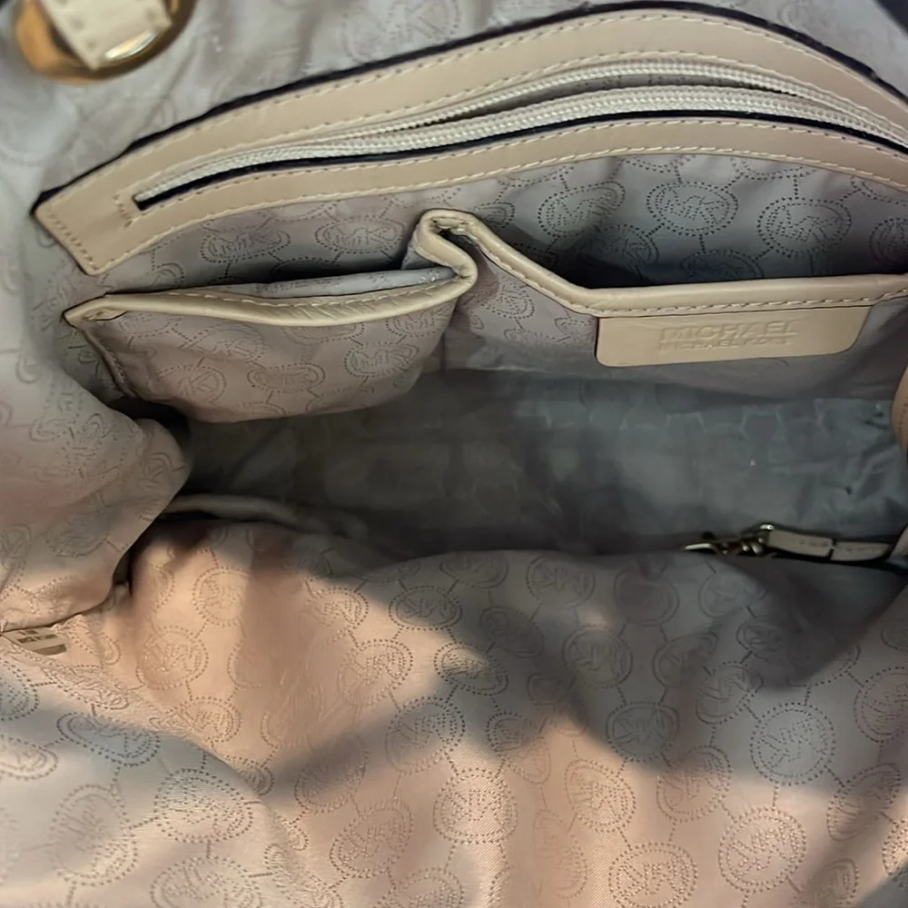 MICHAEL Michael Kors Brown Logo Tote with Pale Pink Leather Straps